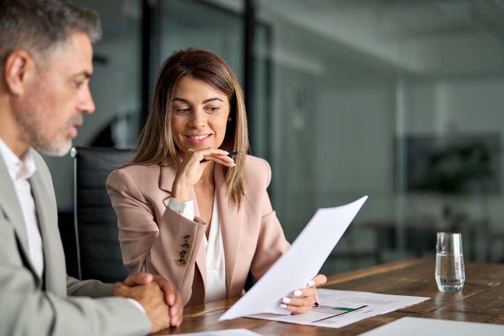 Legal,Consultancy,Concept.,Business,Woman,Lawyer,Attorney,Showing,Document,To attorney explaining document to client, legal and business consultancy